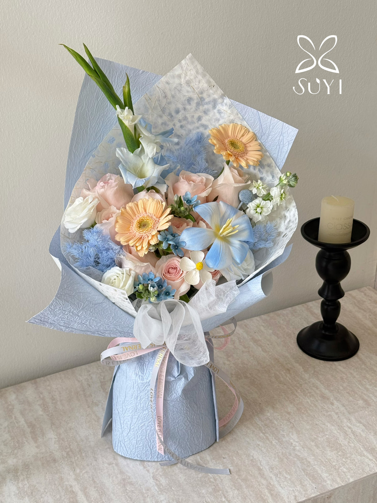 Sky Whisper Peach Gerbera & Blush Rose Mixed Floral Bouquet｜FL‑116