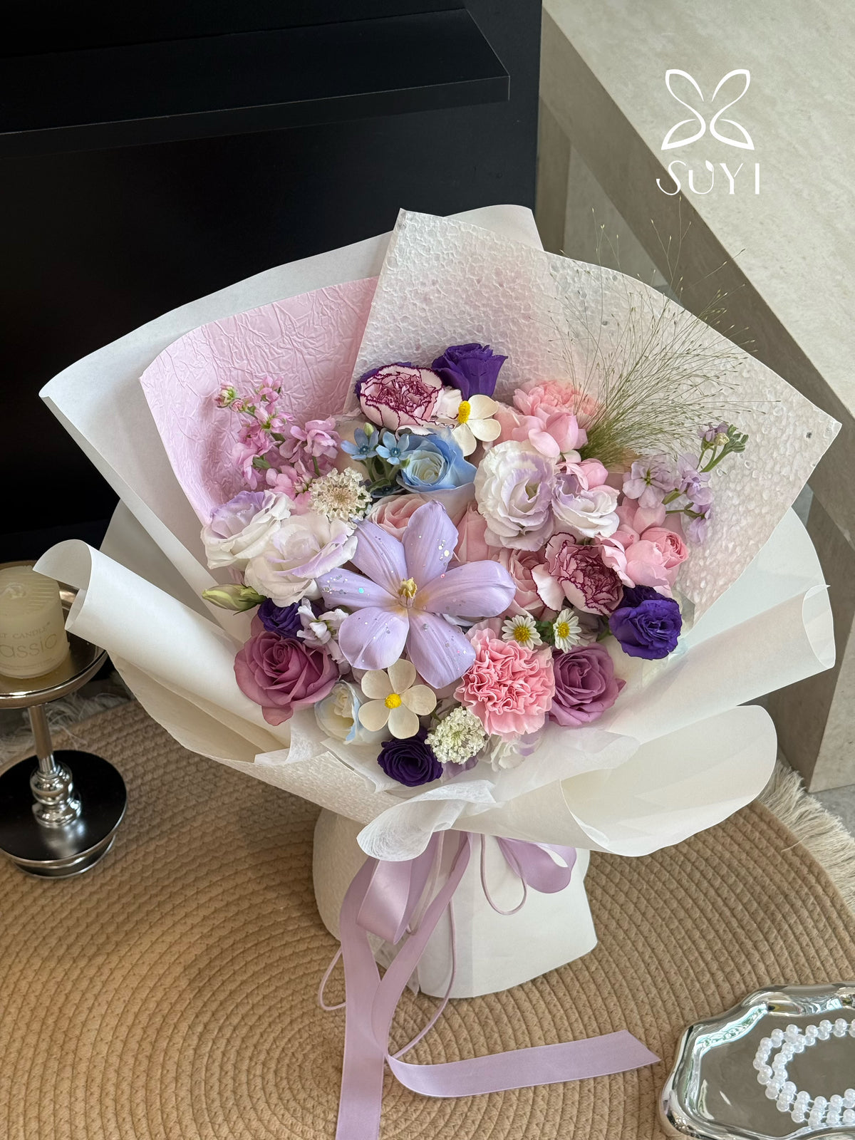 Blush Tulip, Rose, Carnation & Eustoma Mixed Floral Bouquet｜FL‑124