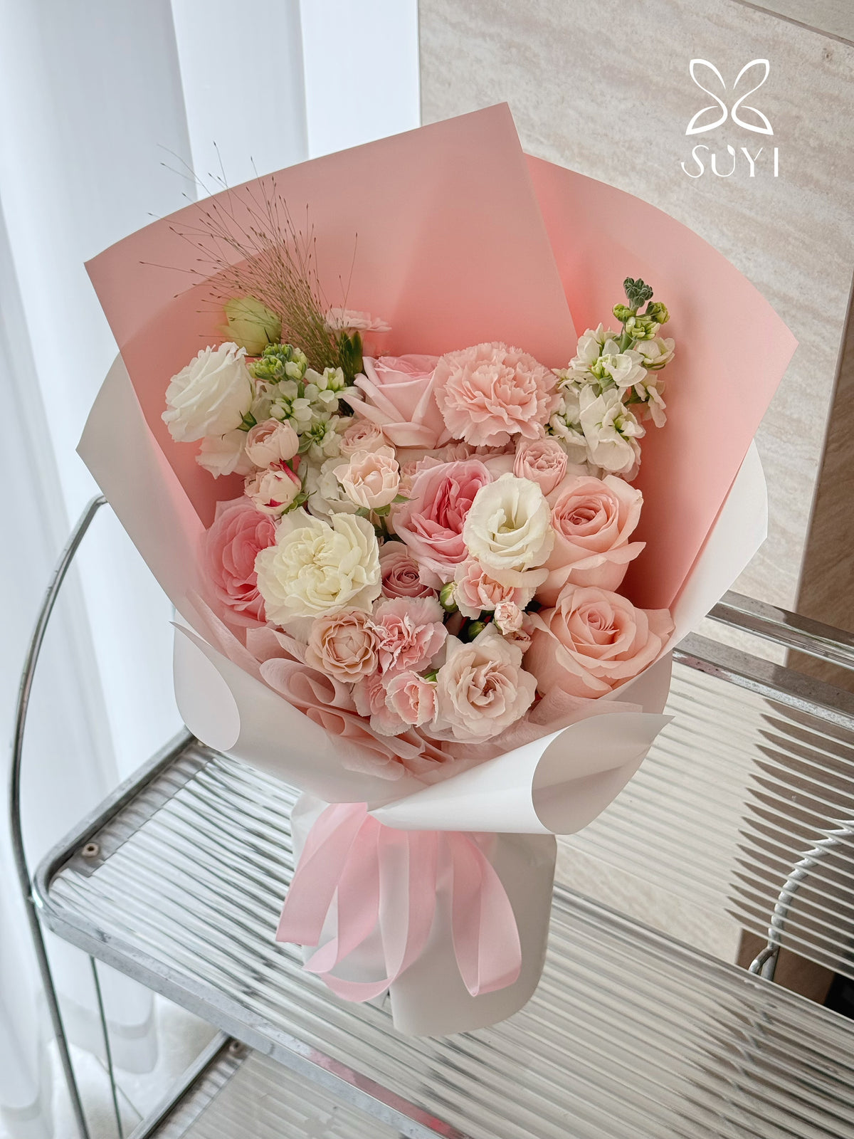 Blush Rose & Carnation Mixed Floral Bouquet｜FL‑130