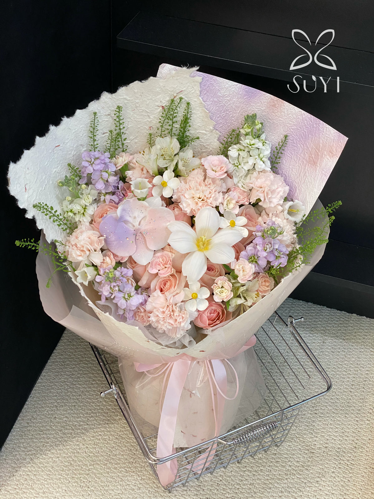 Lilac Dawn Orchid & Blush Rose Floral Arrangement｜FL-105